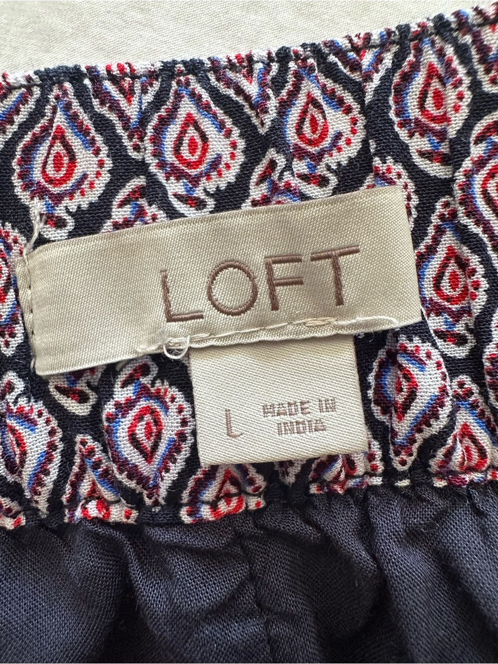 LOFT Pink Patterned Tiered A-Line Skirt with Black Trim, size large - Picture 9 of 10